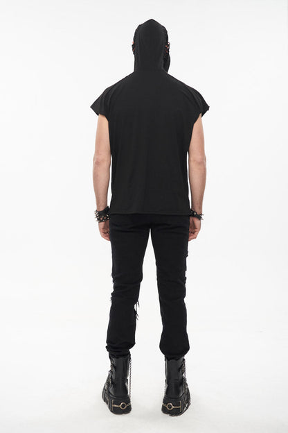 Black Skull Print Super High Neck Masked Rivet Hole Hooded Short Sleeve Punk T-shirt
