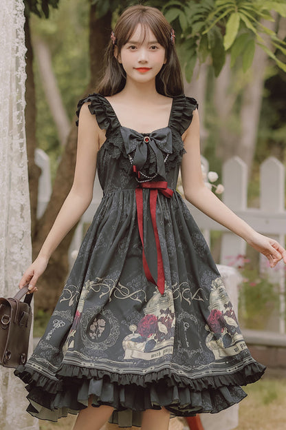 Black Ruffled Strap Court Print Front and Back Bow Classic Lolita Jsk Dress