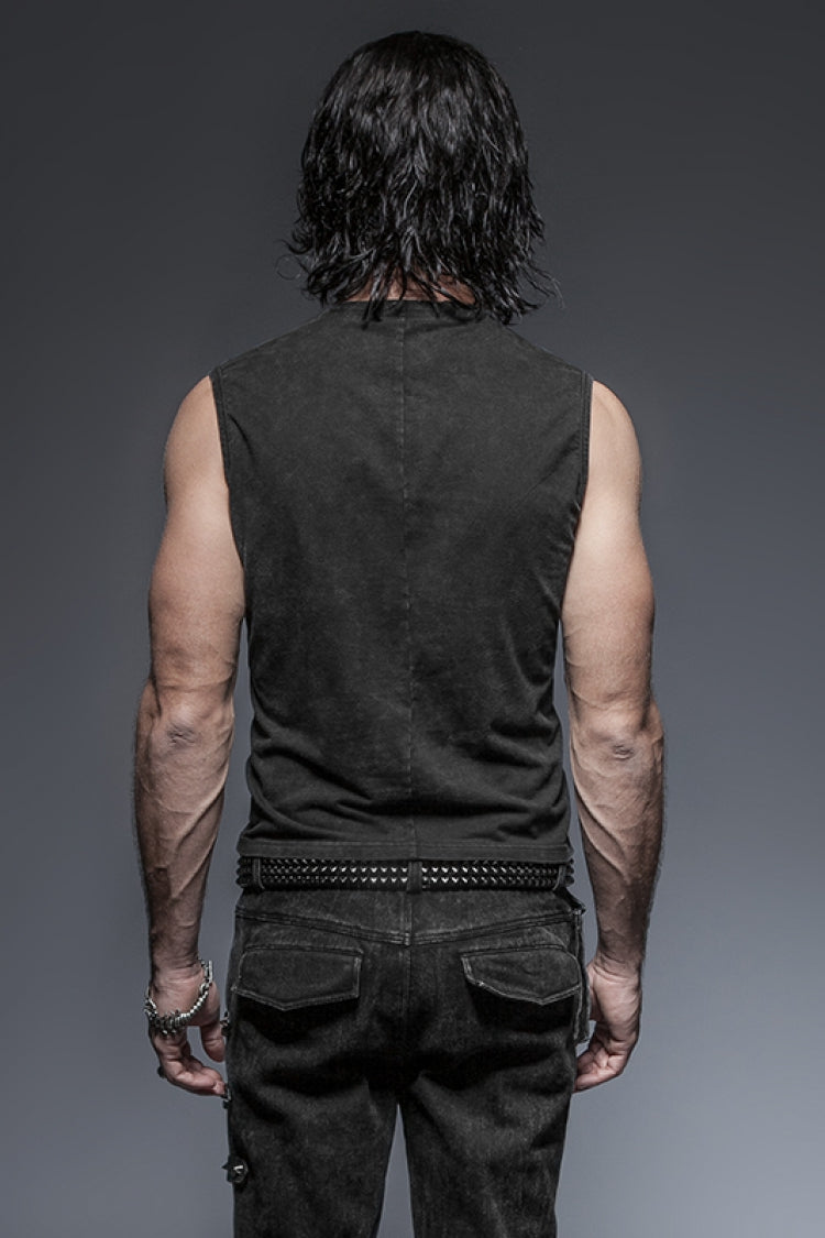 Black V Collar Sleeveless Metal Rings Cross Lace-up Steampunk Vest