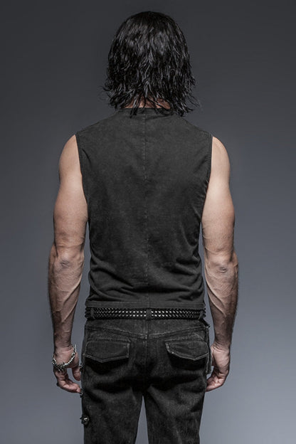 Black V Collar Sleeveless Metal Rings Cross Lace-up Steampunk Vest