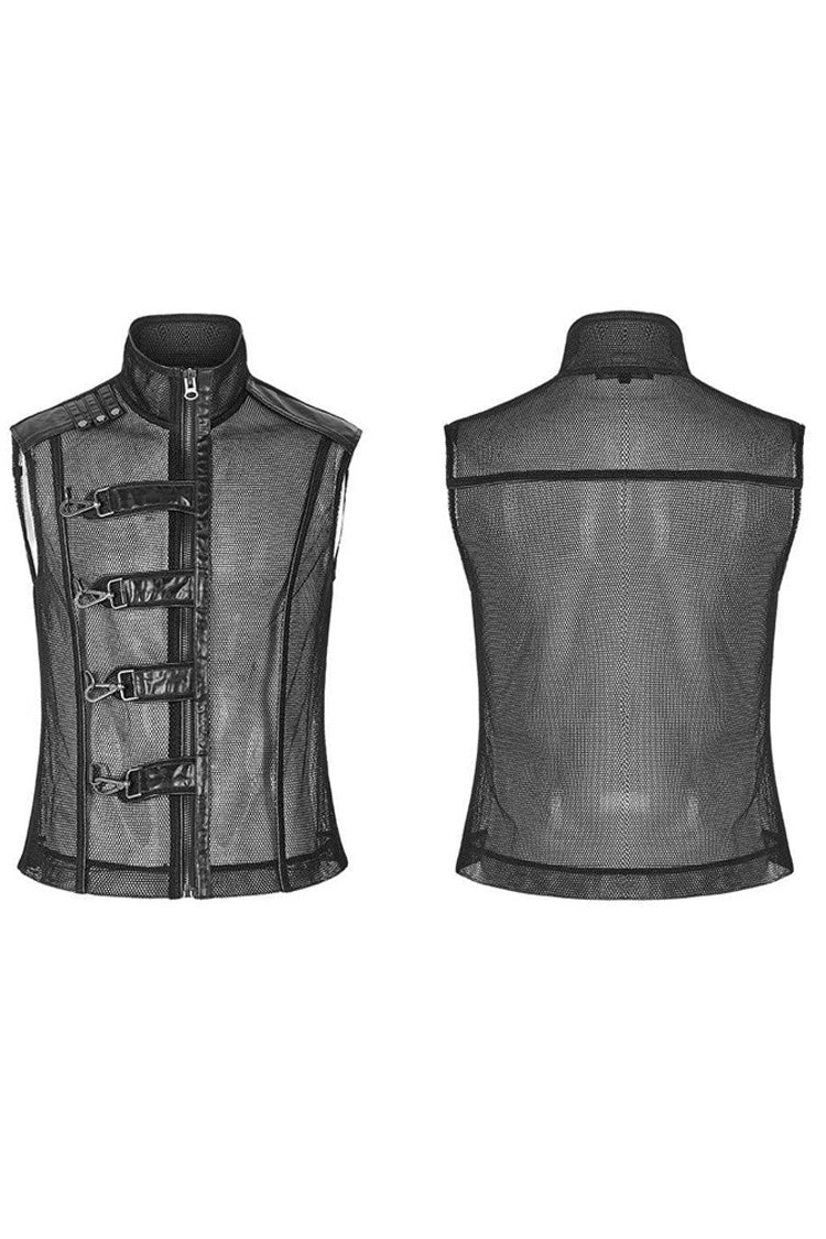 Black Punk Rough No Elasticity Woven Mesh Metal Buckle Belts Decoration Perspective Sleeveless Metal Zipper Vest