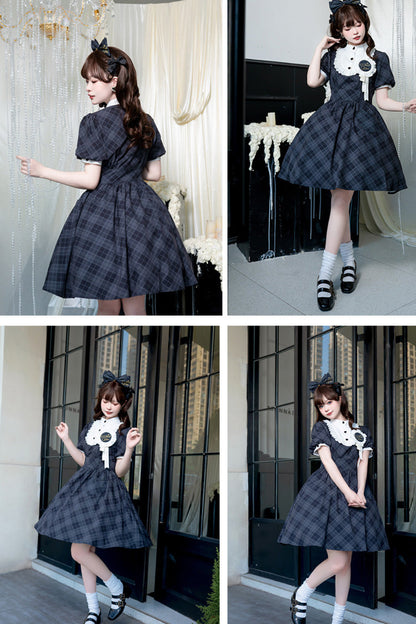 Showa Summer Plaid Print Daily Short Sleeves Classic Princess Lolita Dress 2 Colors