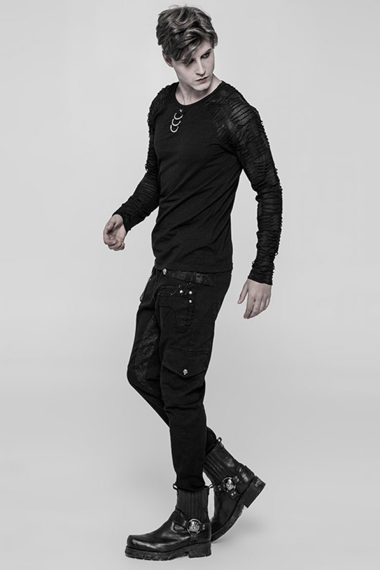 Black Long Sleeves Metal D-buckle Ripped Steampunk T-shirt
