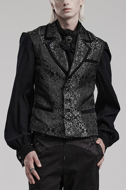 V Collar Sleeveless Print Gem Four Button Stitching Gothic Vest 2 Colors