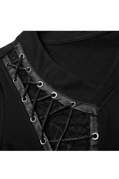 Black Long Sleeve Knit Front Splice Imitation Leather Lace Up Punk T-shirt