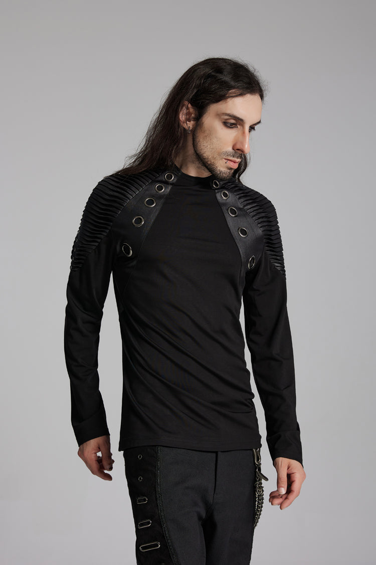 Black Round Collar Long Sleeves Mesh Pleated Loop Punk Blouse