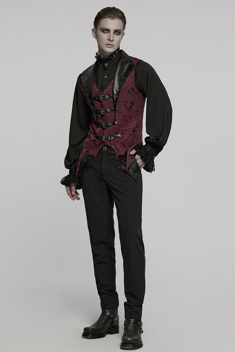 Black/red Lapel V-neck Sleeveless Jacquard Buckle Gothic Vest