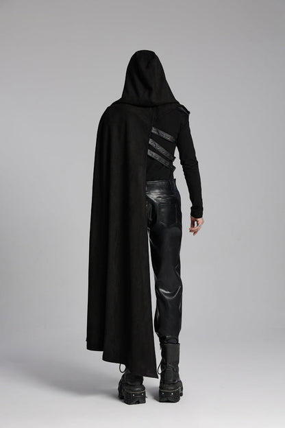 Black Hooded Buckle-up Rivets Punk Cloak