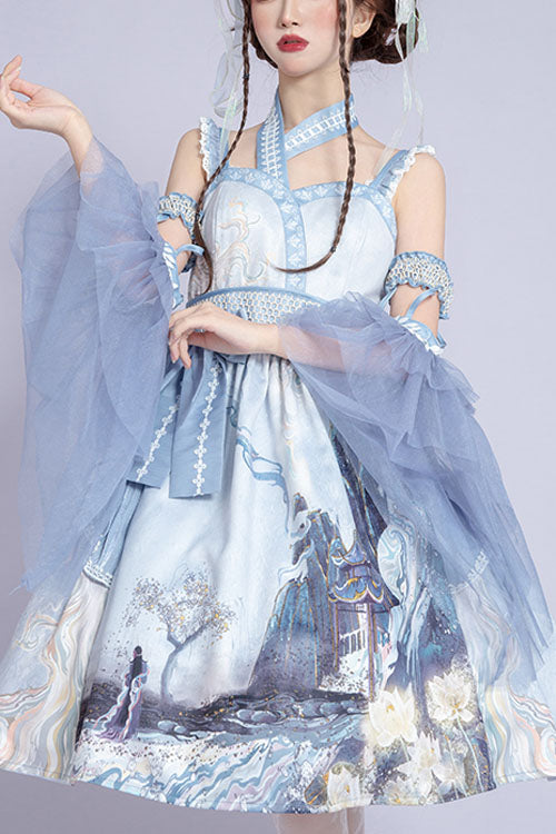 Light Blue Landscape Garden Chinese Style Print High Waisted Ruffled Classic Lolita Jsk Dress