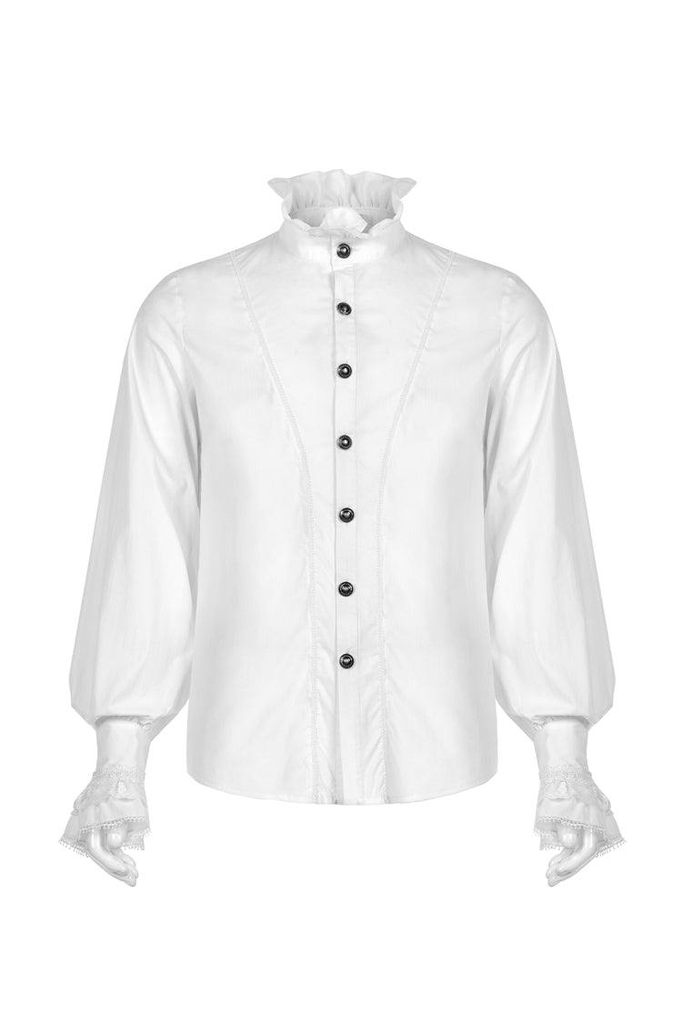 White Stand Collar Lantern Sleeves Slim Gothic Blouse