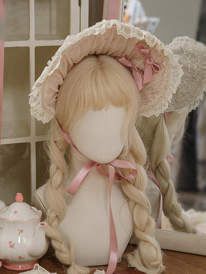 [pre-order Deadline: April 26] Rococo Antique Lace Tiered Ribbon Pink Lolita Dress + Bonnet