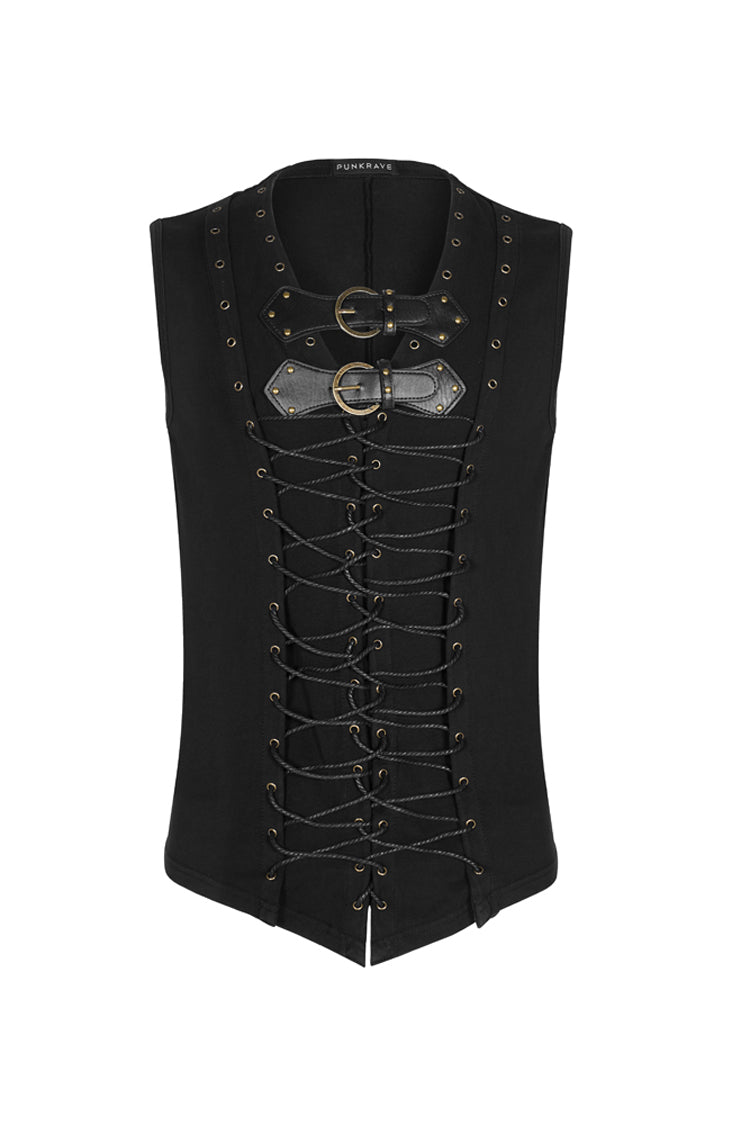 Black V-neck Chest Leather Hasp Metal Rings Cross Lace-up Punk Vest