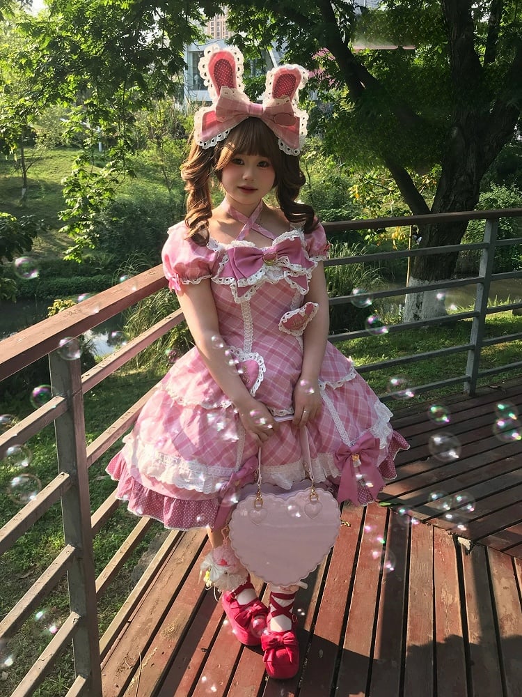 [pre-order Deadline: May 10] Blue/yellow/pink Sweetheart Lolita Ribbon Puff Sleeve Tiered Dress + Bunny Ear Full Set + Cat Ear Full Set
