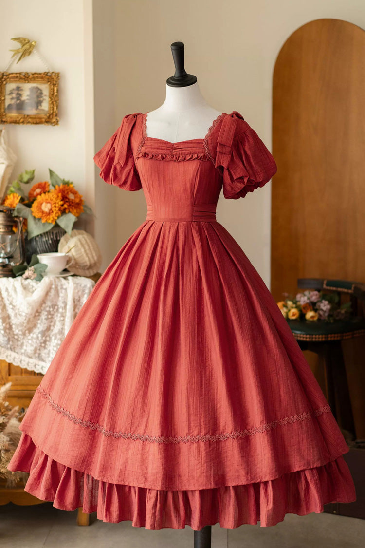 Red [forest Gallery] Square Collar Short Sleeves Ruffled Bow Classic Lolita Dress