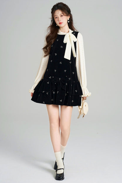 French Sweet Käbel Velvet Dress + Ribbon Neck Blouse