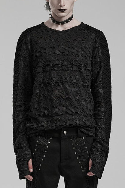 Black Long Sleeves Ripped Print Stitching Gothic T-shirt