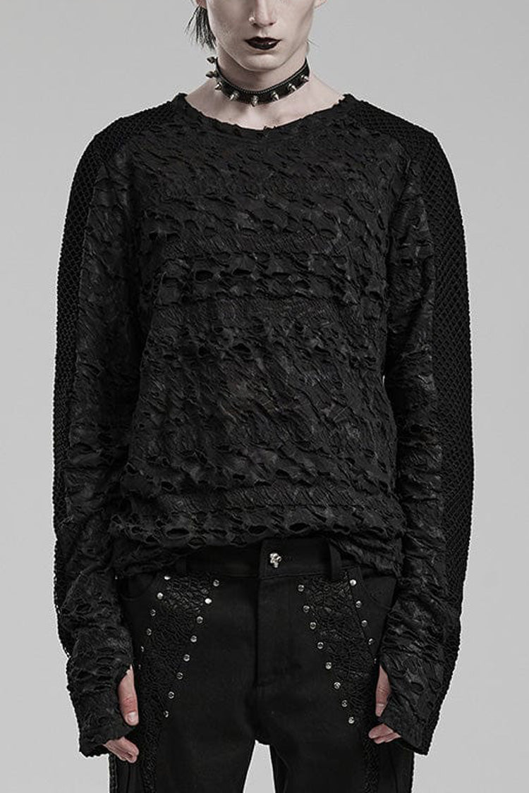 Black Long Sleeves Ripped Print Stitching Gothic T-shirt