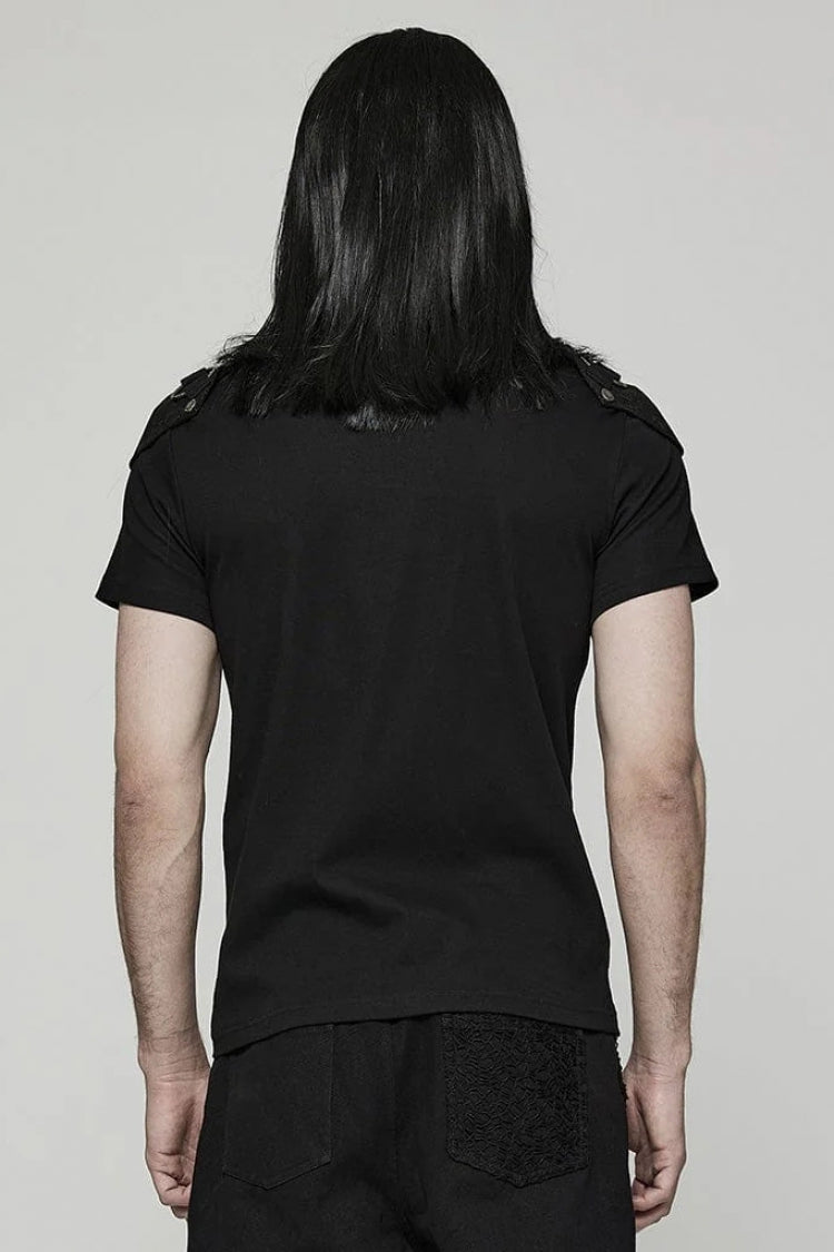 Black Short Sleeves Detachable Shoulder Pad Hollow Steampunk T-shirt