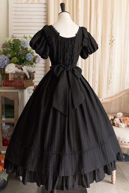 Black [forest Gallery] Square Collar Short Sleeves Ruffled Bow Classic Lolita Dress