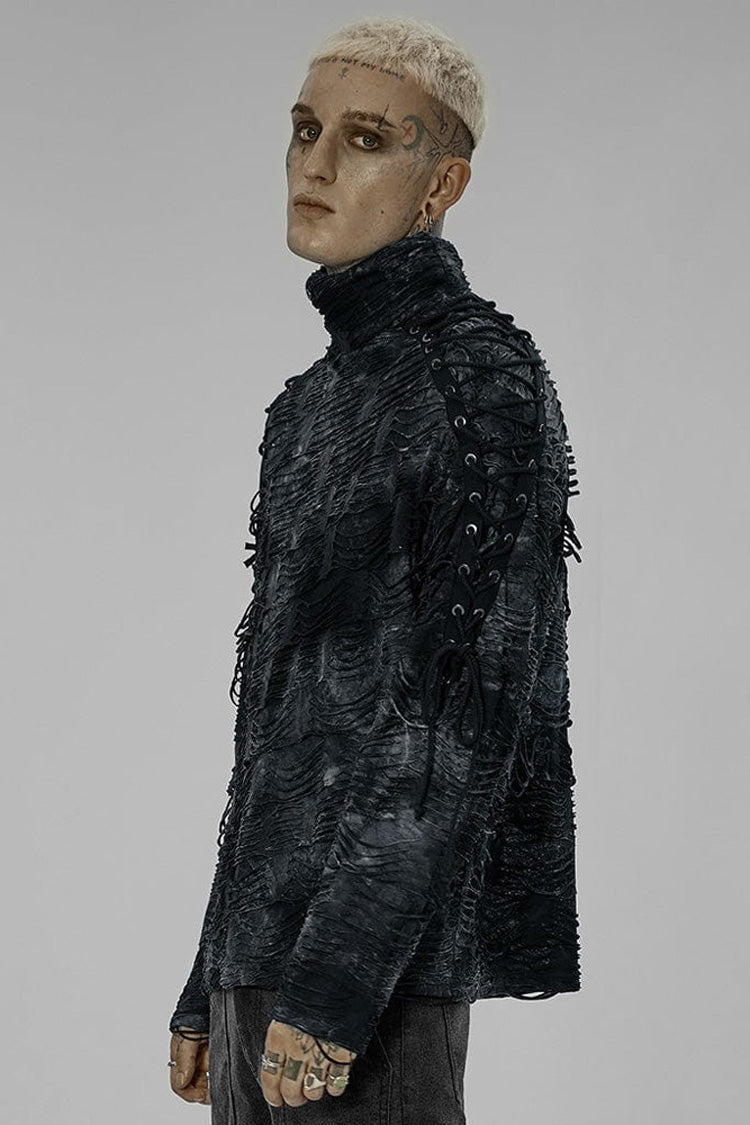 Black/blue Punk Post Apocalyptic Turtleneck Tattered Tie Dye Print Lace Up Long Sleeve T-shirt