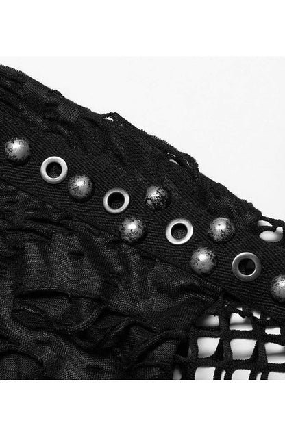Black Punk Irregular Ripped Mesh Stitching Stretch Loose Knit Short Sleeved T-shirt