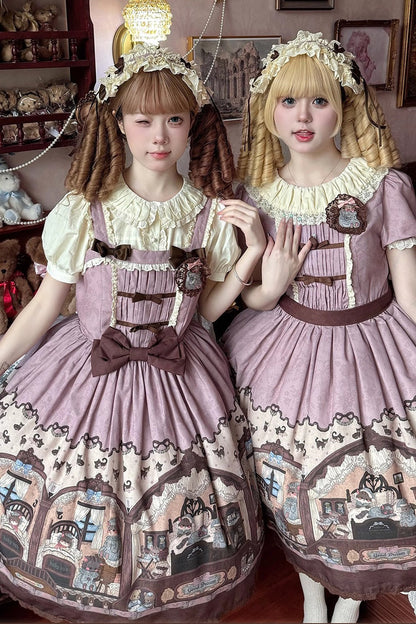 Pink/purple Short Sleeves Bear Print Bowknot Classic Lolita Dress
