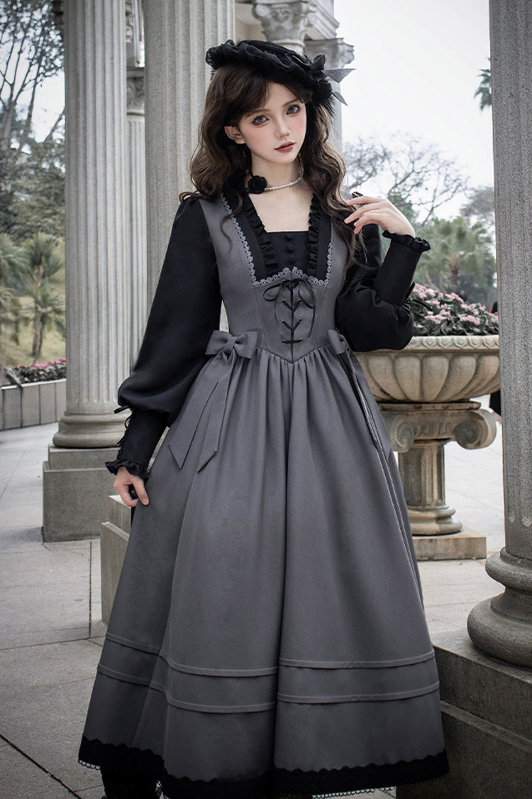 Grey [mist Chronicle] Square Collar Long Sleeves Bowknot Lace-up Color-block Fake Two Pieces Classic Lolita Dress