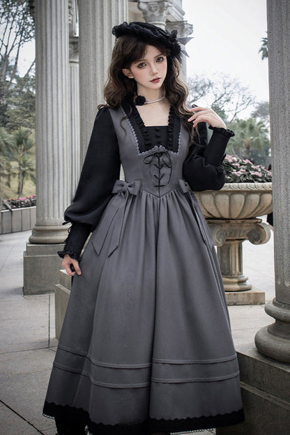 Grey [mist Chronicle] Square Collar Long Sleeves Bowknot Lace-up Color-block Fake Two Pieces Classic Lolita Dress