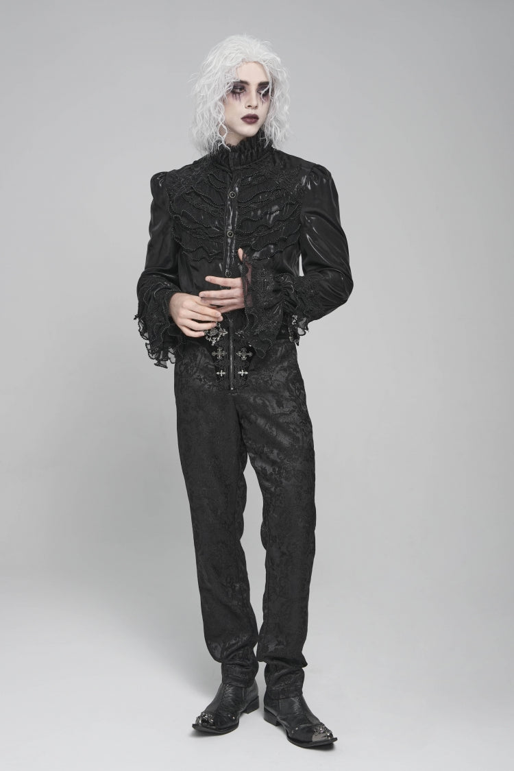 Black Stand Collar Long Puff Sleeves Embroidery Stitching Lace Gothic Blouse