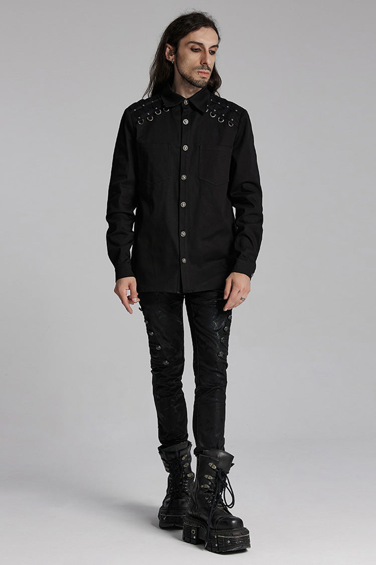 Black Lapel Collar Long Sleeves Rings Punk Blouse