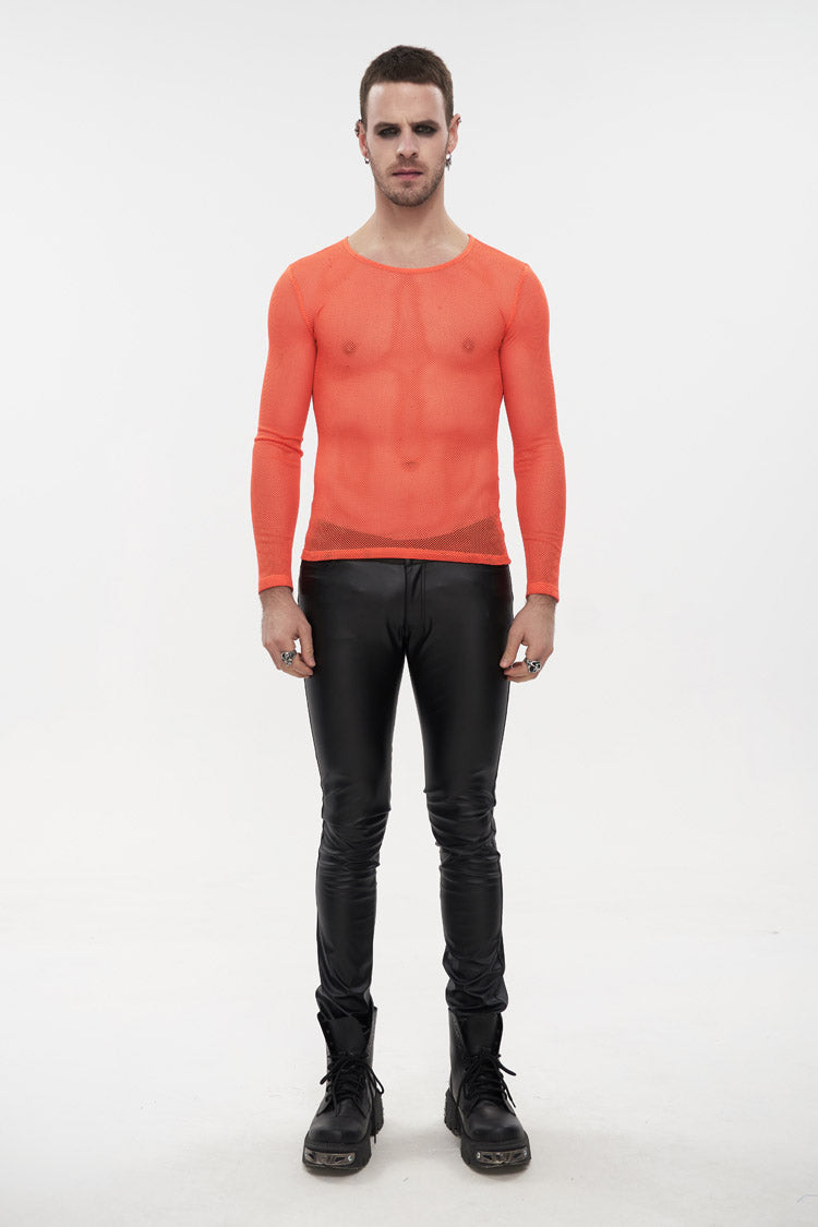 Orange Elasticity High Neck Long Sleeve Mesh Gothic T-shirt
