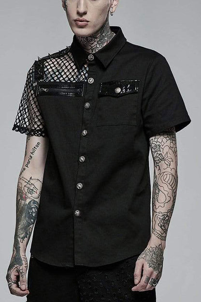 Black Punk Elastic Cotton Twill Fabric Spliced Diamond Mesh Asymmetrical Personality Short Sleeve Shirt