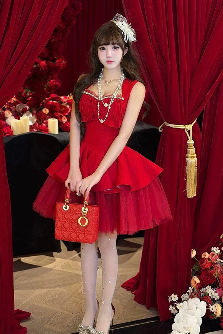 Red [romantic Rose] Square Collar Sleeveless Ruffled Classic Ballet Lolita Dress