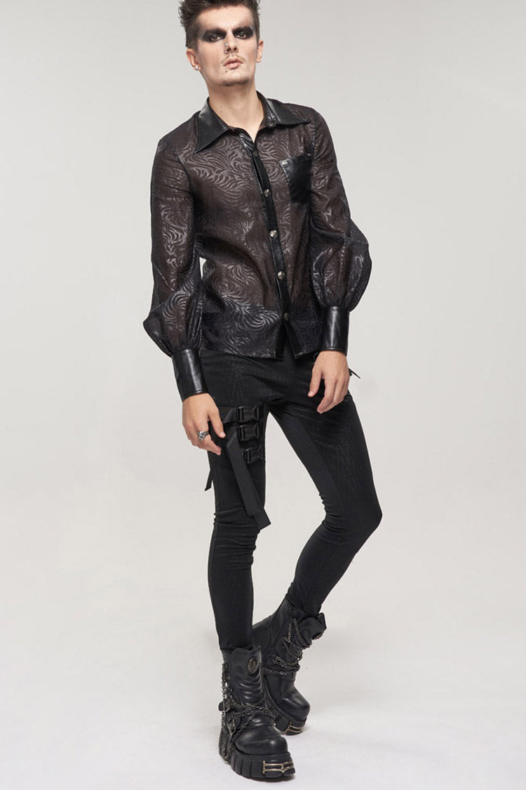 Black Punk Vertical Pattern Printing Cuff Drawstring Decoration See-through Shirt