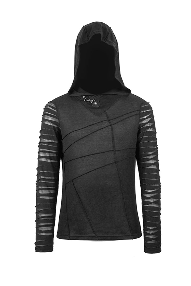 Black Collar Metal Button Irregular Striped Patchwork Bandage Hooded Punk T-shirt