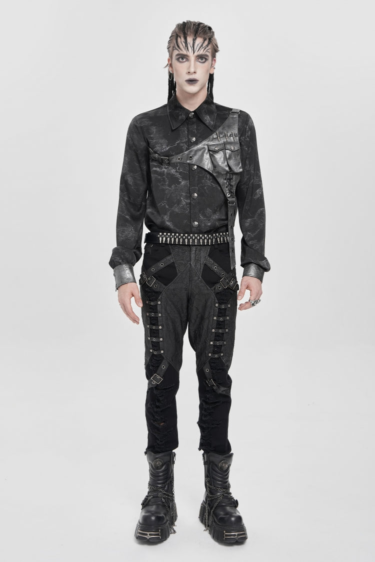 Black Long Sleeves Print Stitching Asymmetric Bullet Punk Blouse