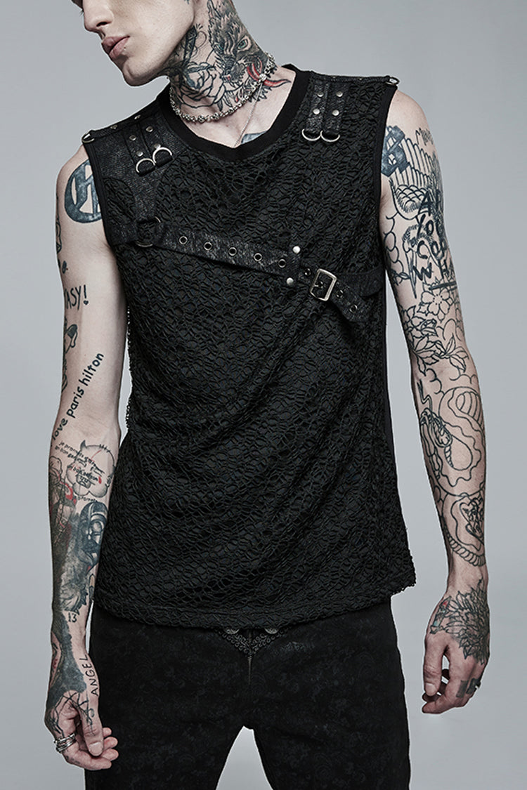 Black Sleeveless Stitching Mesh Buckle Steampunk Vest