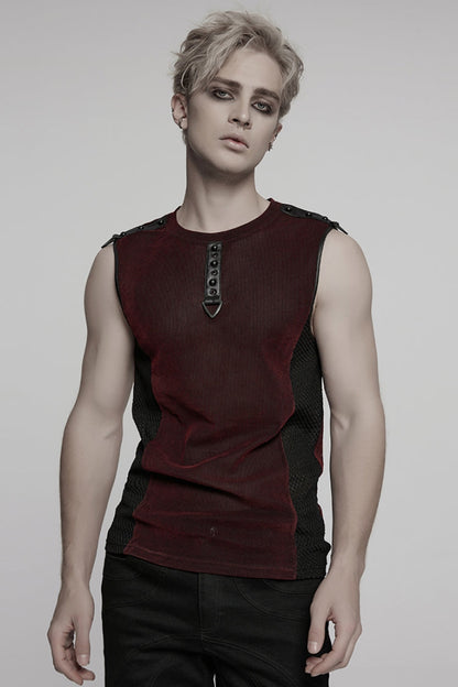 Black/red Round Collar Sheer Mesh Color Matching Rivet Punk Vest