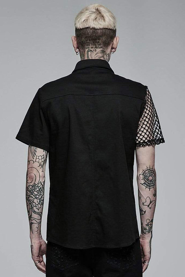 Black Punk Elastic Cotton Twill Fabric Spliced Diamond Mesh Asymmetrical Personality Short Sleeve Shirt