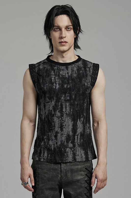Black/grey Round Collar Sleeveless Print Ripped Distressed Eyelet Gothic Tank Top