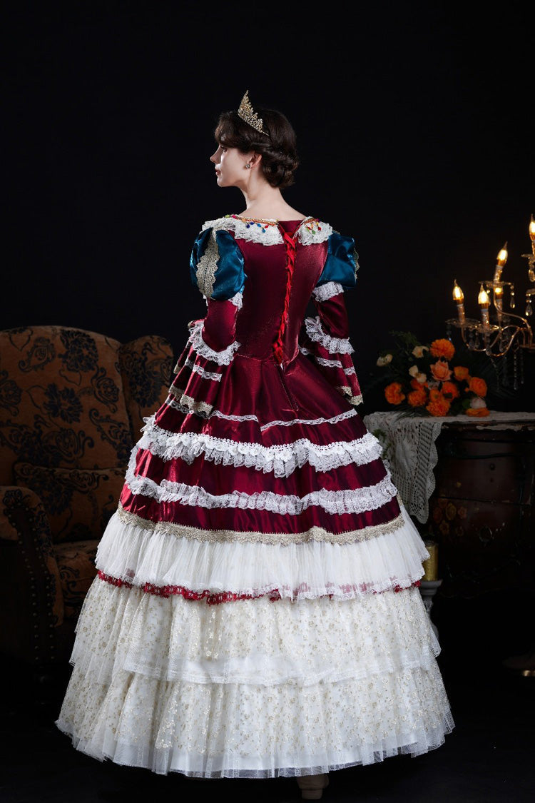 Wine/ivory Round Collar Long Hime Sleeves Triple-layered Ruffled Open-front Bow Lace Classic Palace Lolita Victorian Dress