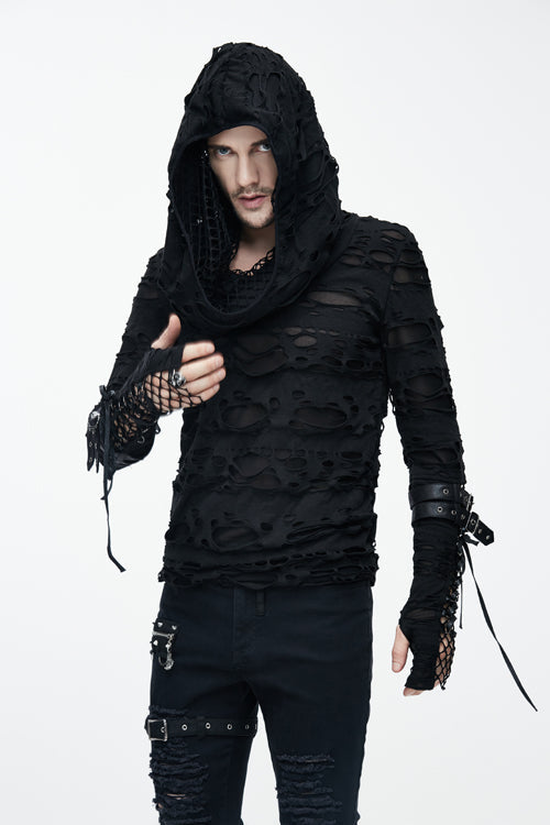 Black Ripped Finger Covered Autumn Hooded Punk T-shirt