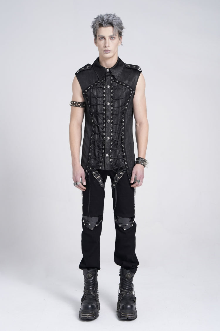 Black Sleeveless Studded Lace-up Gothic Blouse