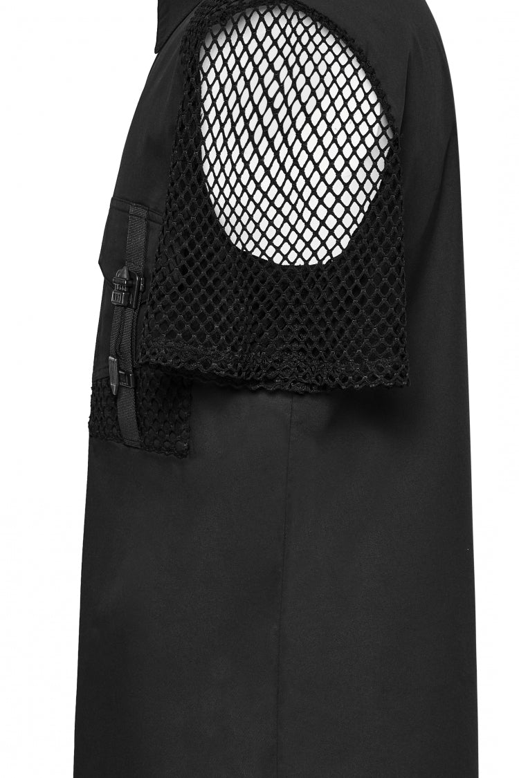 Black Lapel Collar Short Sleeves Mesh Stitching Punk Blouse