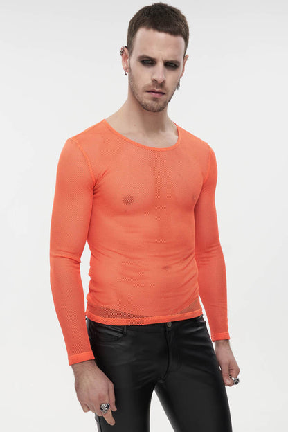 Orange Elasticity High Neck Long Sleeve Mesh Gothic T-shirt