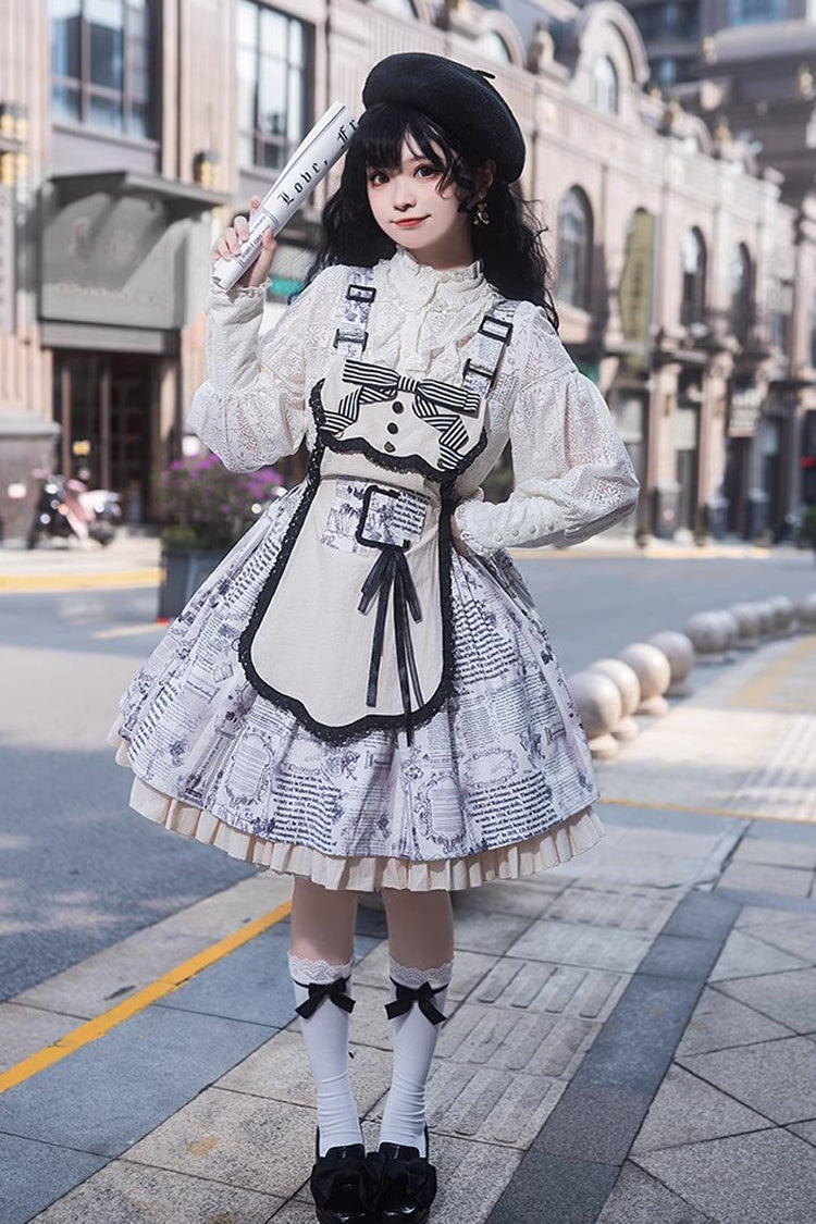 White Berlin Daily Print Removable Apron Classic Lolita Strap Dress