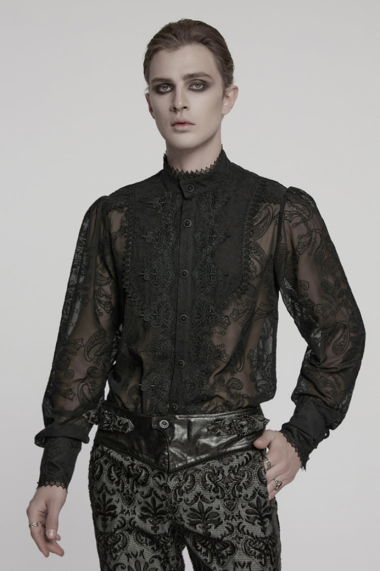 Black Stand Collar Chiffon Long Sleeves Hollow Embroidery Gothic Blouse