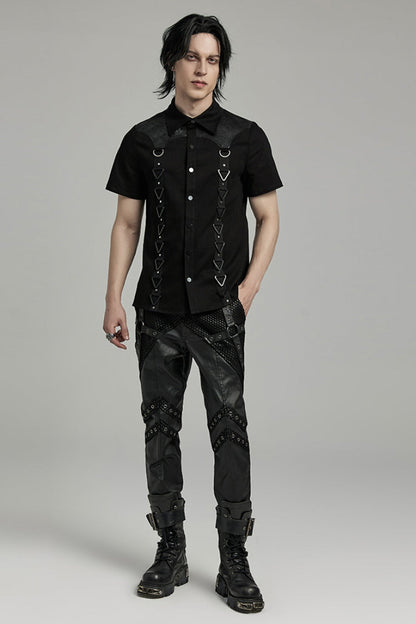 Black Lapel Collar Short Sleeves Stitching Punk Blouse