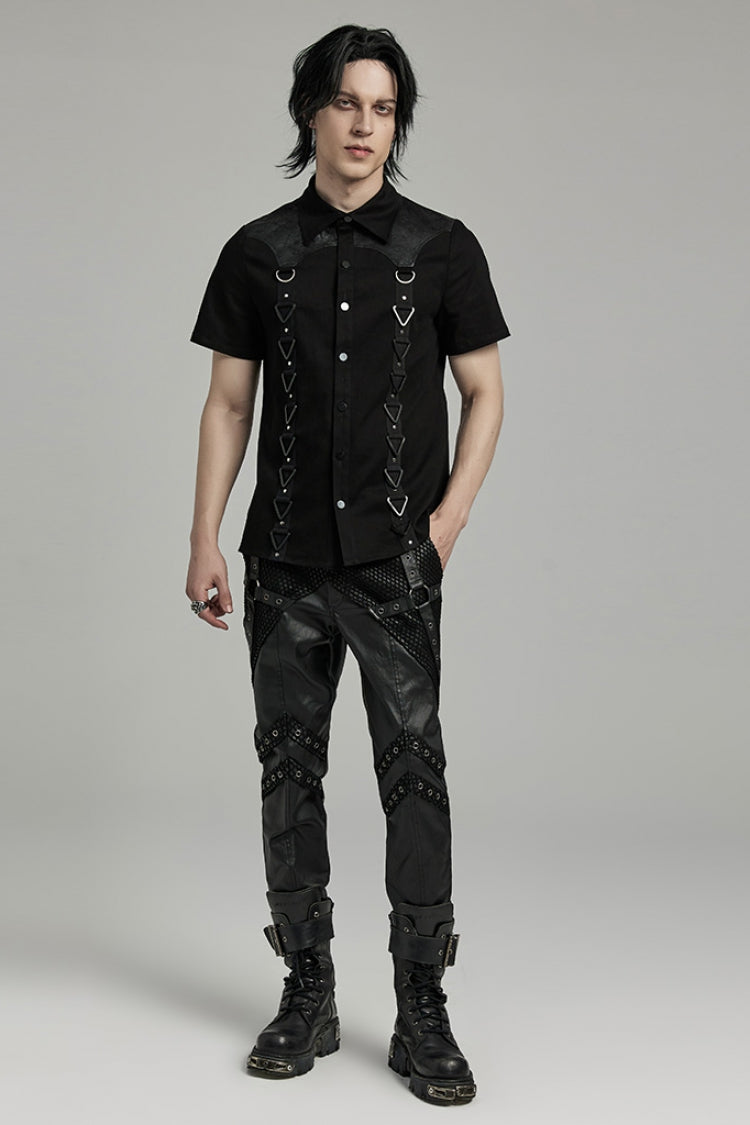 Black Lapel Collar Short Sleeves Stitching Punk Blouse
