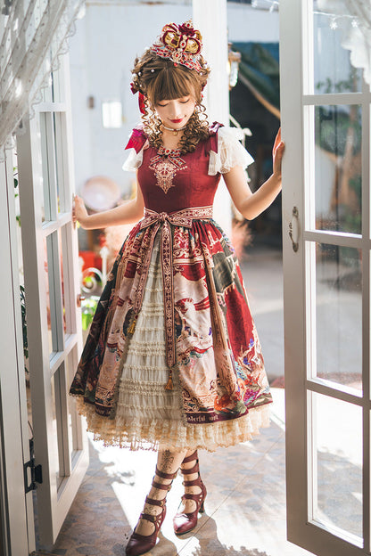 Red [kaleidoscope of Dreams] Flying Sleeves Print Embroidery Cardigan Bowknot Classic Lolita Dress